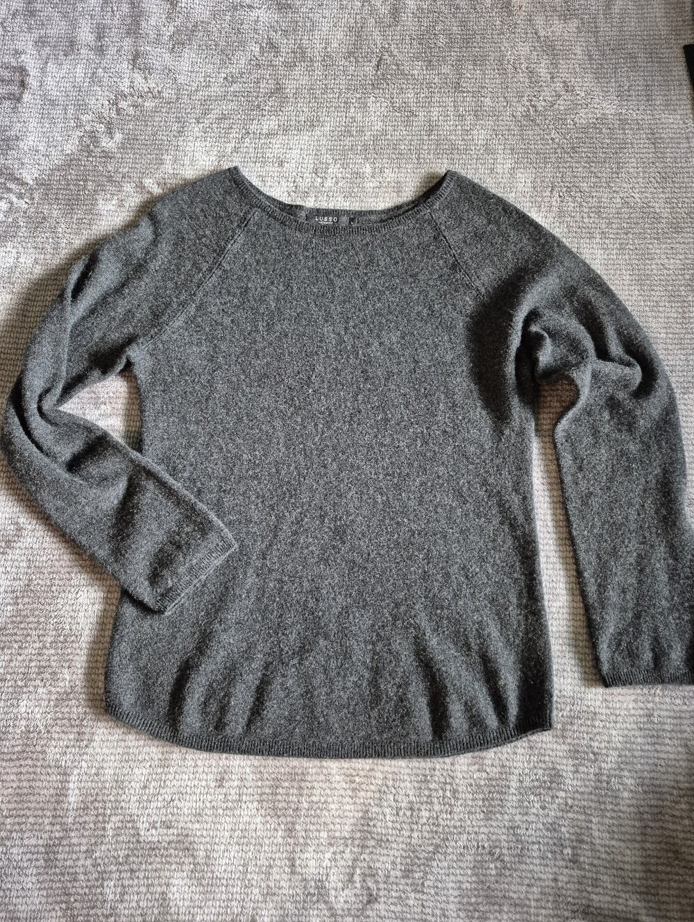 Lusso Cashmere Gray Cashmere Knit Crew Neck Raglan Pullover Sweater Womens L
